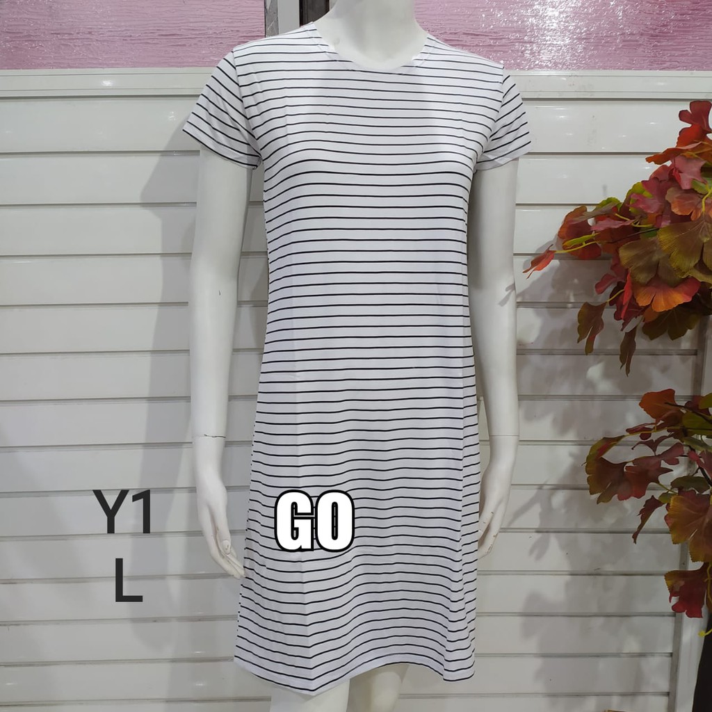 gof DS LMN DRESS/DASTER Wanita Casual Motif Salur Hitam Putih Pakaian Perempuan Lengan Pendek