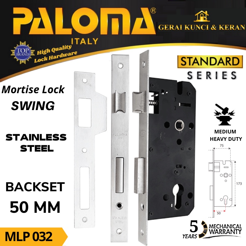 BODY KUNCI PINTU PALOMA SWING MLP 032 STAINLESS 50 MM MORTISE LOCK SLOT