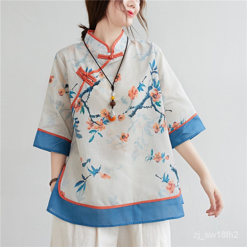 Spring Women Chinese Traditional Style Tops Cotton Linen Loose Blouses Cheongsam Female Vintage Buck