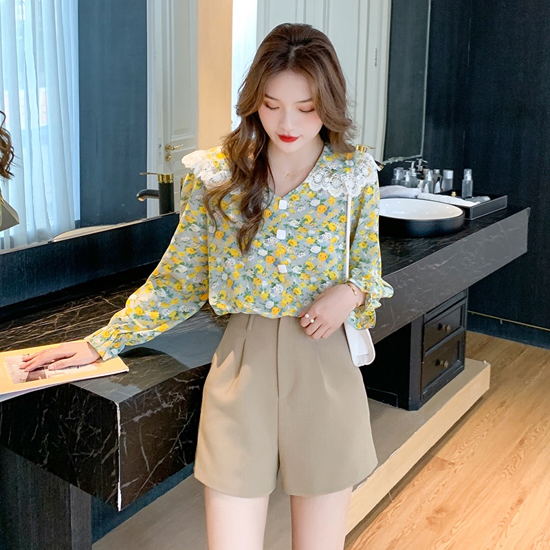 Fashion Korean Chiffon Floral Long Sleeve Shirts Orange Green Women Blouse Tops Pakaian Serban