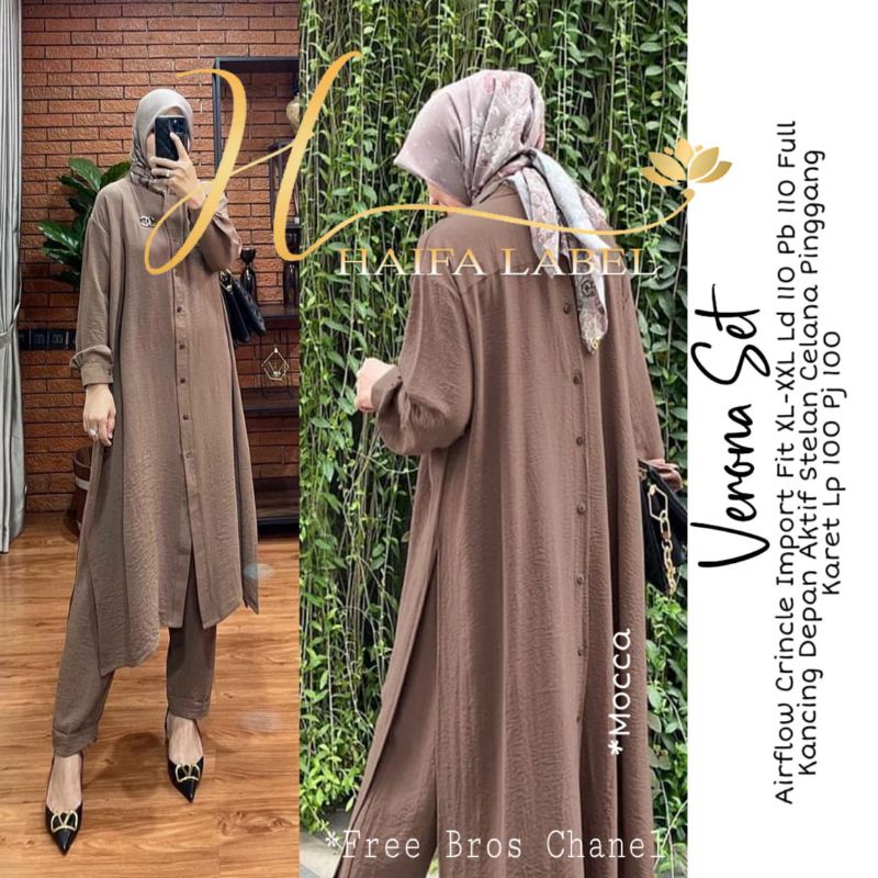 Verona Set Pakaian Wanita Setelan Tunik + Pant Fab Airflow Crincle Import Celana Pinggang Karet