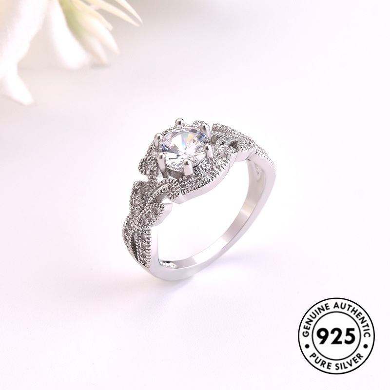 Cincin Sterling Silver 925 Desain Daun Hias Berlian Imitasi Elegan Untuk Wanita