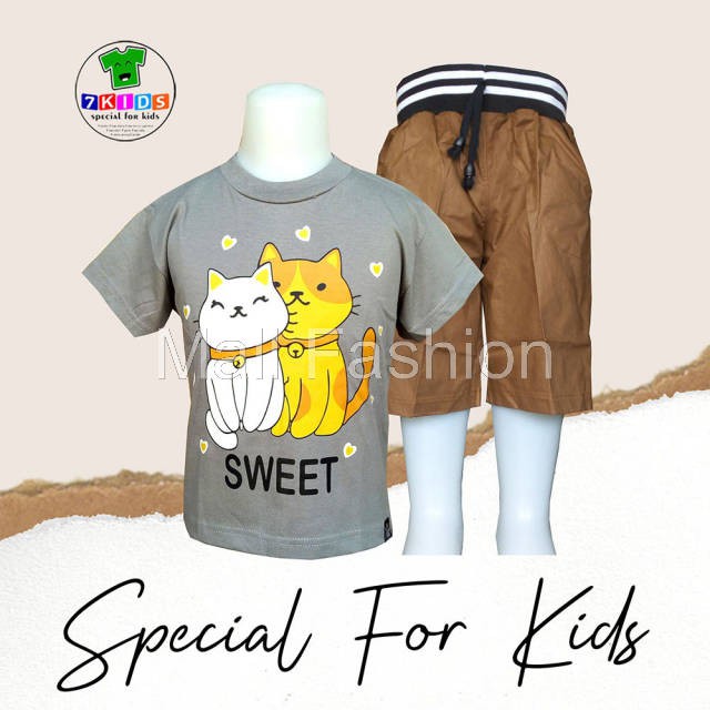 Mall Fashion - KUCING - Setelan Kaos Distro Anak Cowok 3-12 Th Setelan Celana Pendek Baju Lebaran