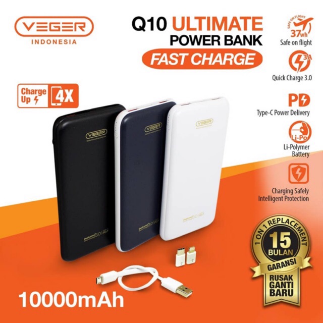 VEGER POWER BANK ULTIMATE Q10 / Powerbank Real 10.000mah Quick charger