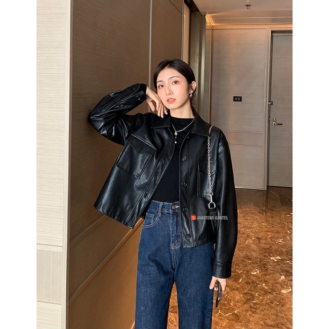 JNK x BINBIN - Jaket Kulit Wanita Coklat Hitam Faux Synthetic Leather Jacket Original Premium Import Elegan Kasual Branded Lembut Pendek Ukuran Besar Musim Semi Pakaian Fashion Korea Lengan Panjang 2023 Streetwear Jalanan Oversize Trendy Tshirt New Cewek