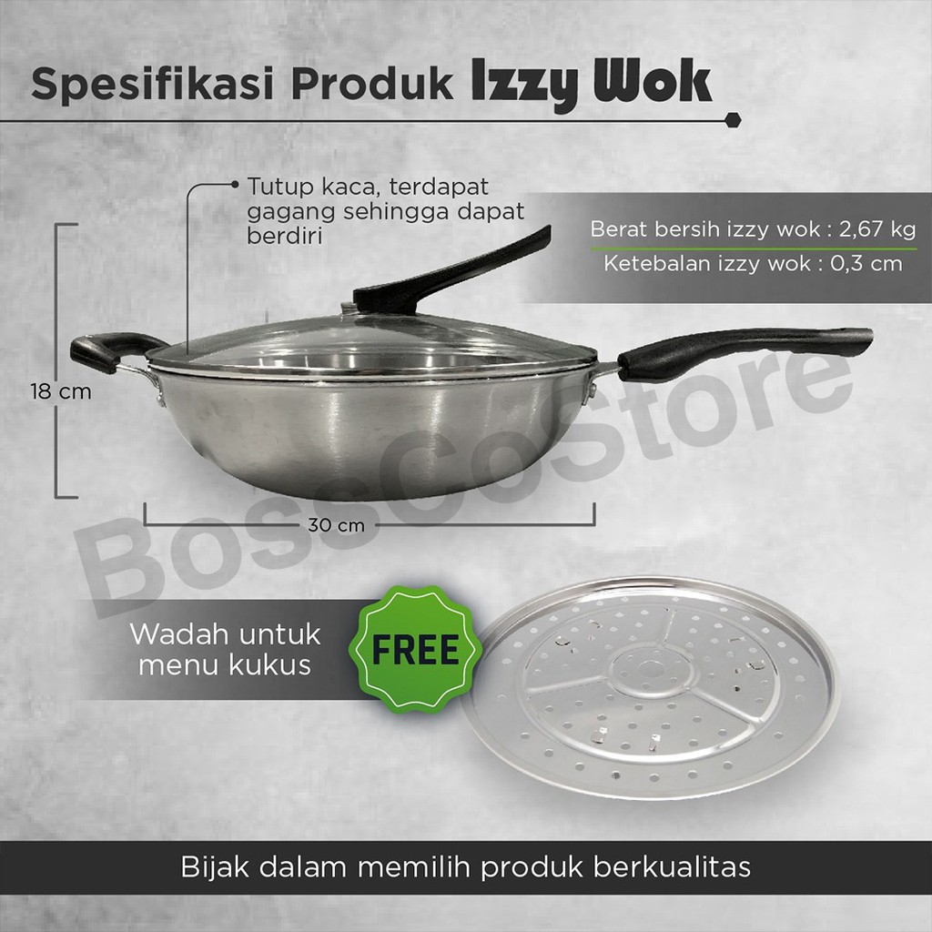 Izzy wok Wajan Stainless steel 304 Food Grade Anti Lengket Bebas PFOA wajan premium stir wok pan panci wajan antilengket wajan anti lengket frypan non stick fry pan antilengket kuali wajan penggorengan stainless anti lengket