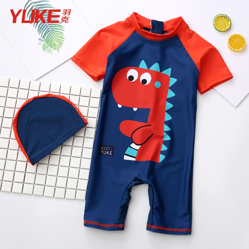 Baju Renang One Piece Hoodie Anak Laki Laki Desain Dinosaurus