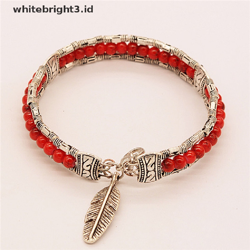 (whitebright3.id) Gelang Tangan Silver Wanita Desain Bulu Hias Turquoise Gaya Tibet / Gipsi / Vintage / Bohemia