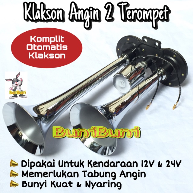 Klakson Angin 2 Corong Terompet / Air Horn Komplit Otomatis Untuk Mobil &amp; Truk 12 - 24 Volt