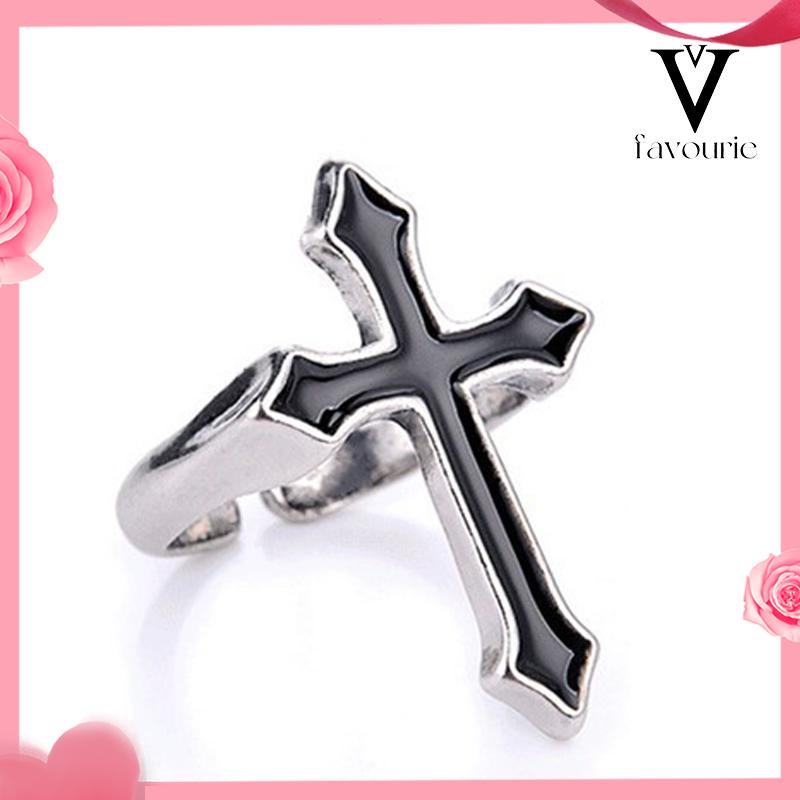 [COD]Retro Fashion Cross Cincin Pria Wanita Minyak Menetes Punk Jari Telunjuk Tren Cincin Hitam-FA