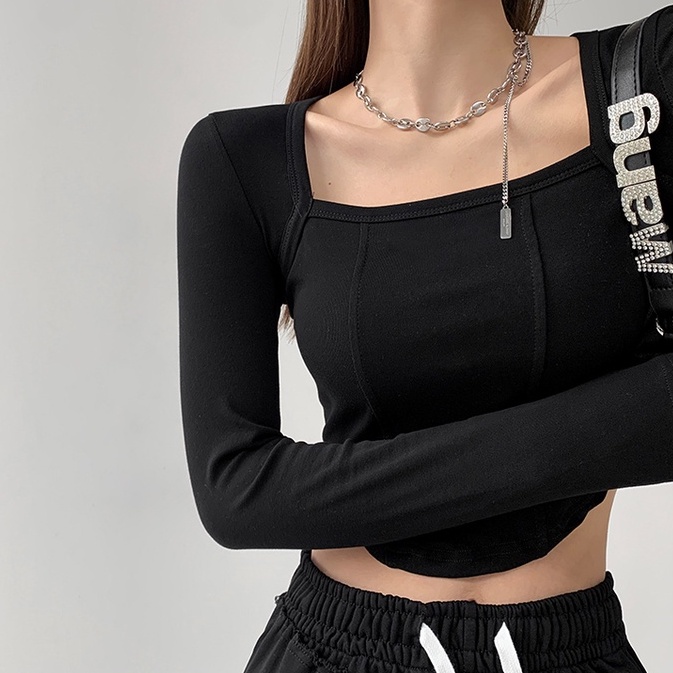 【MISSHONEY】Square Neck Long Sleeve Crop Top 7307 (S/M/L/XL)