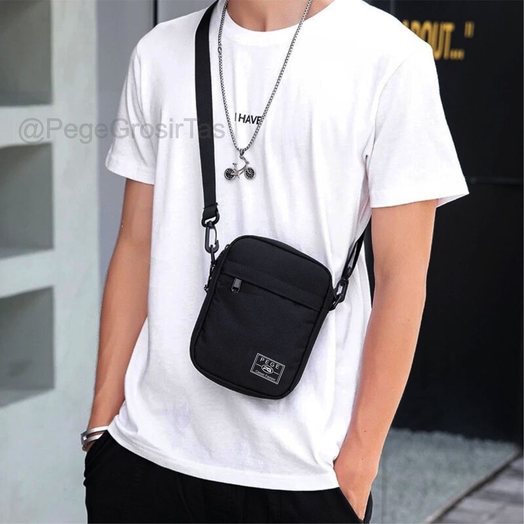Tas Selempang Polos Pria Keren PEGE Slempang Fashion Kasual Hitam Slingbag Bahu Cowok - PG 8864
