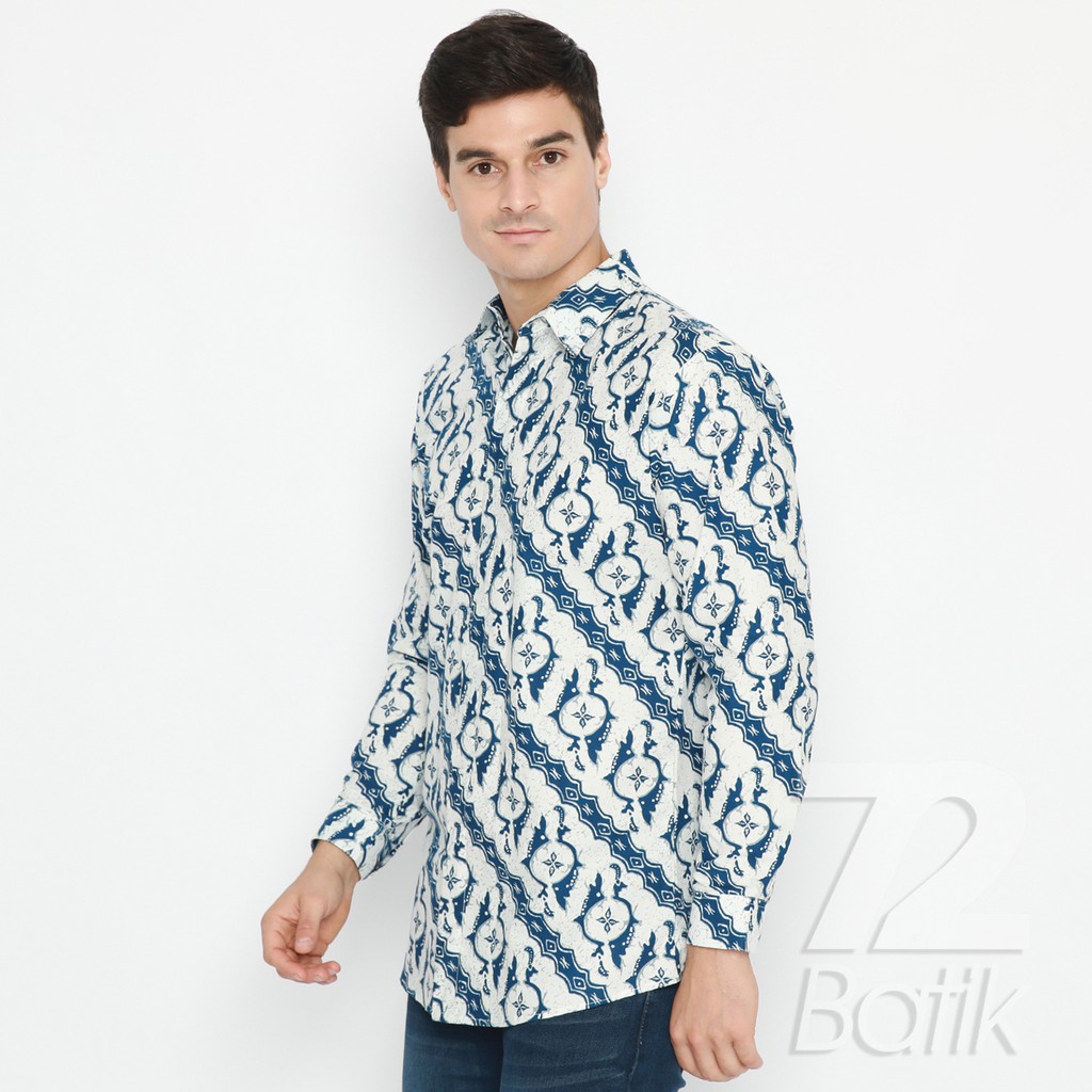 KEMEJA BATIK PRIA Lengan Pendek Motif Lereng Putih Biru 727516 Cap 72 - Baju Kemeja Atasan Pakaian Setelan Batik Pria Cowok Laki Laki Remaja Keluarga Kantor Lengan Pendek Modern Slimfit Slim Fit Premium Kekinian