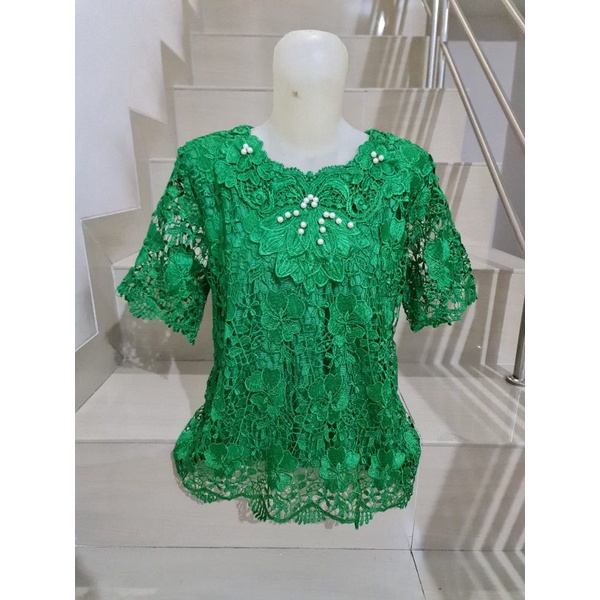 Blouse Brukat Tangan Pendek Putih dan Warna Jumbo XL, 2XL, 3XL-175 Kilap - Hijau