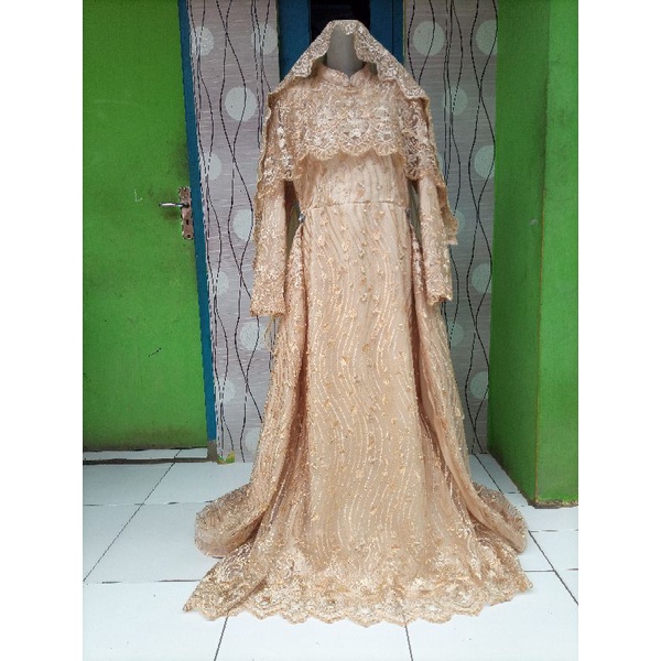 Gaun pengantin Syar'i bisa request ukuran dan Warna / Full Brukat / Full set / Jumbo atau Small / termasuk Aksesoris