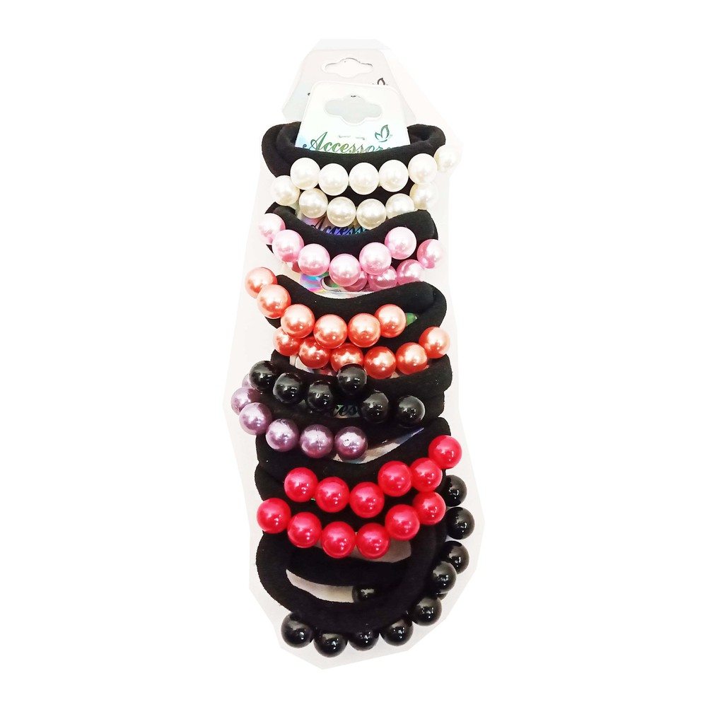 Isi 12 pcs Ikat Rambut seri Tali Karet Hitam Mutiara Multi Warna