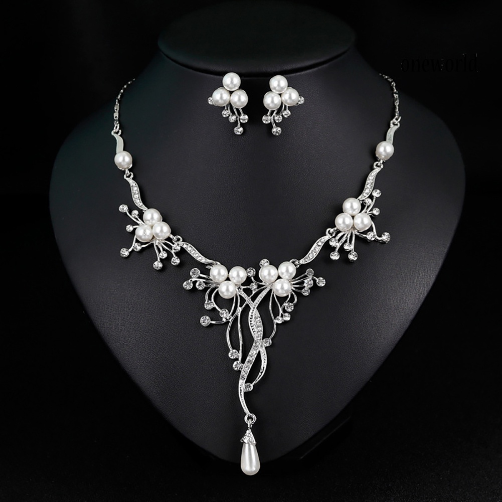 OW@ Rhinestone Faux Pearl Flower Necklace Earrings Women Wedding Jewelry Set