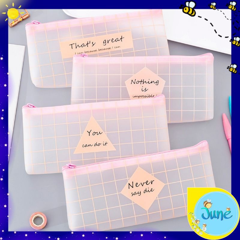 [JUNECOLLECTIONS] KOTAK PENSIL TULISAN PINK TRANSPARAN TEMPAT PENSIL