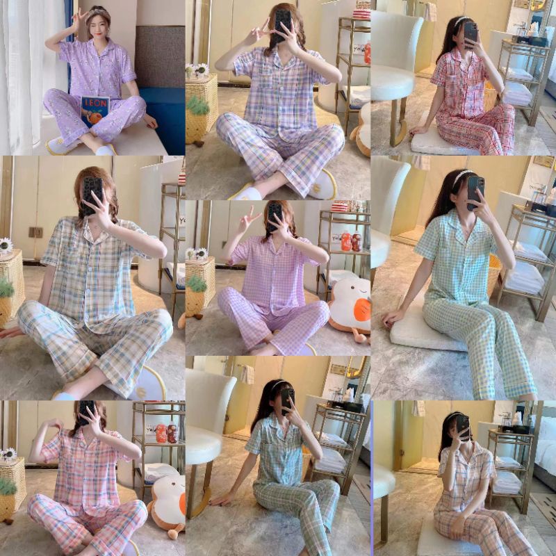 RULIF Baju tidur wanita / Piyama CP wanita import krah kancing lengan pendek