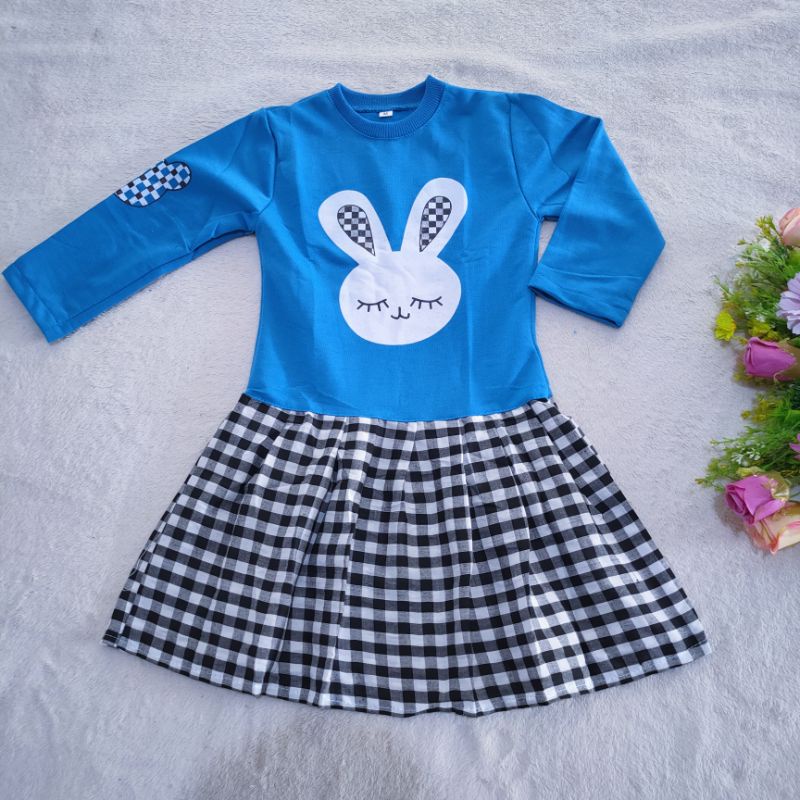 Dress anak 2 3 4 5 Tahun cewek perempuan Dress motif kotak Rabbit Viral kelinci playboy