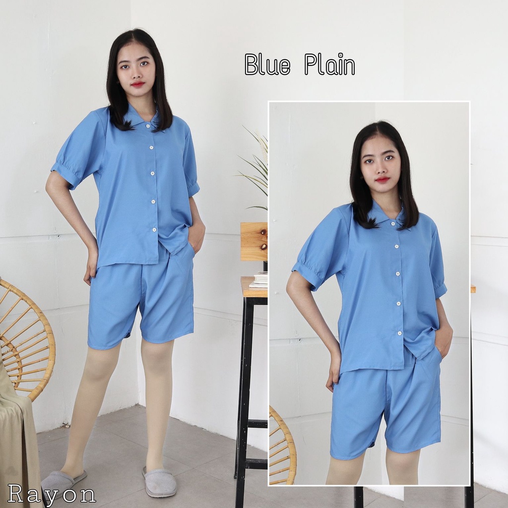 IZANY Piyama Dewasa Hotpant Lengan Balon / HP / Set Celana Pendek Dewasa banyak varian RAYON-BLUE PLAIN RA