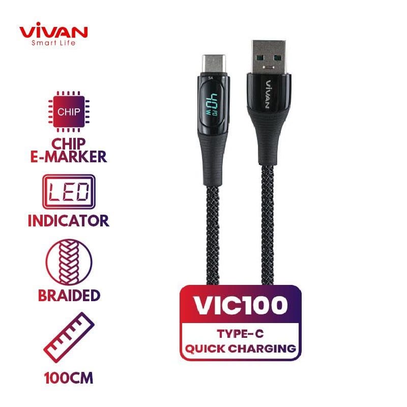 A_    Vivan Cable USB To Type C 1M 40W 5A VIC100 Smart Digital Display  LED