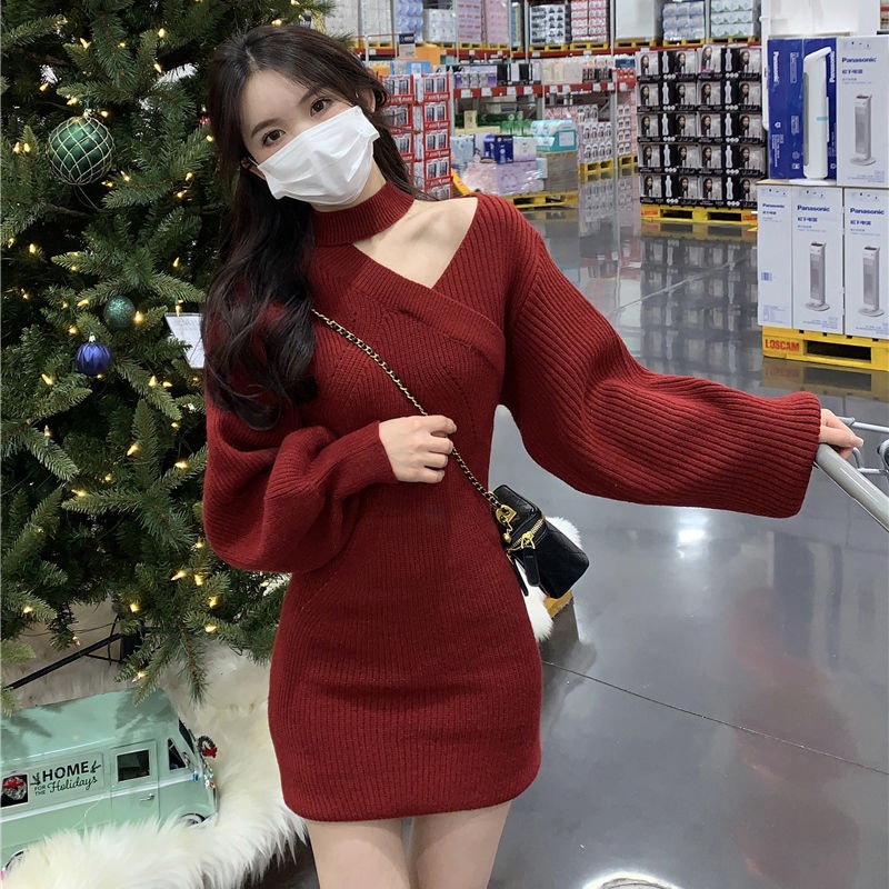 dress korean style red new battle dress spring dress off shoulder halter neck package hip skirt knit