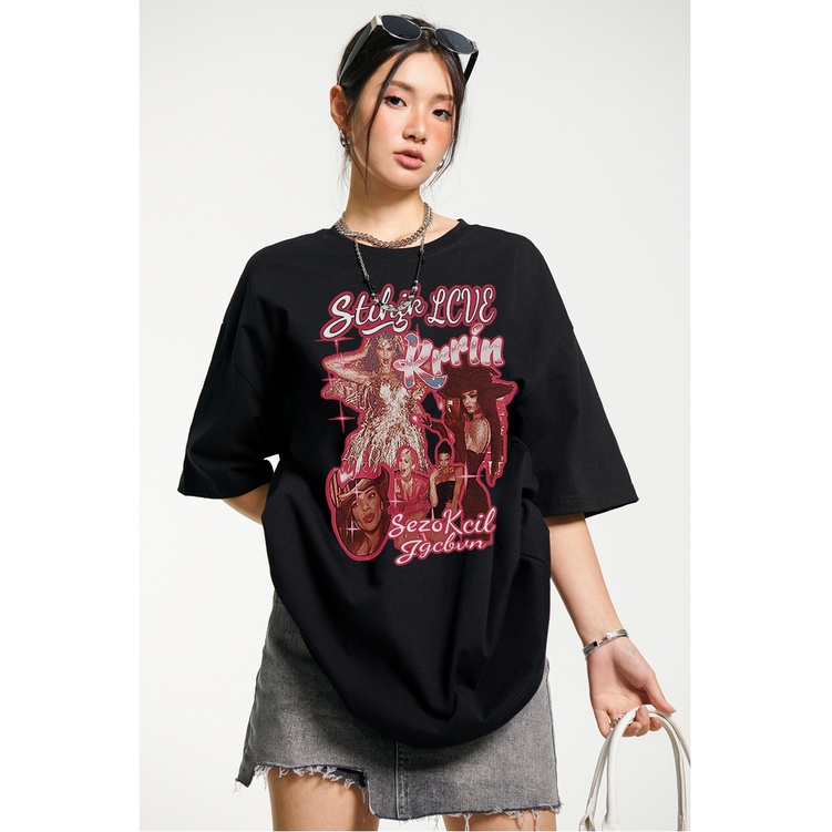 atasan wanita oversize printed t-shirt korean style import hitam kaos retro couple top