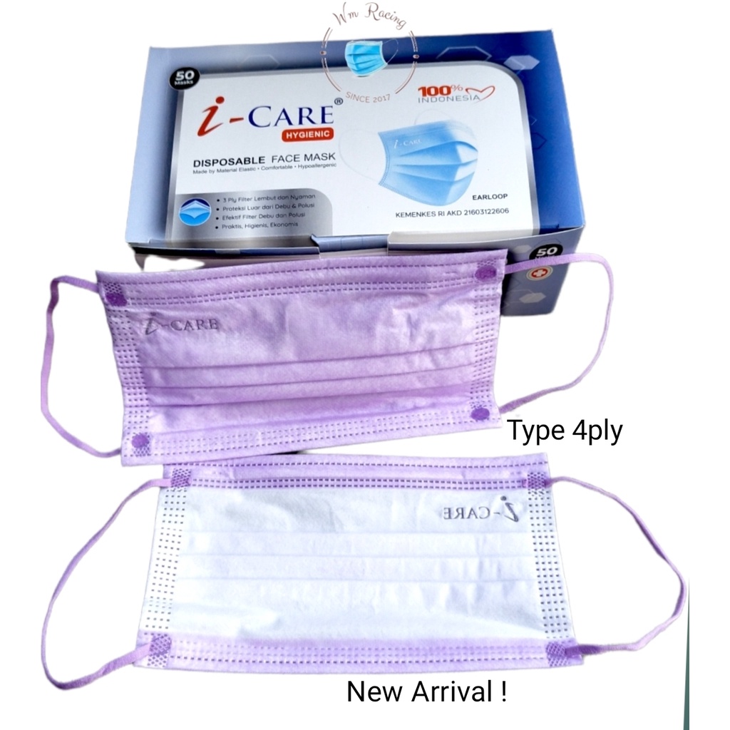 Masker Earloop 4ply icare isi 50pc Warna Premium Quality izin Kemenkes