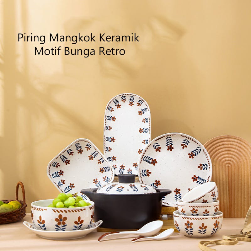 Mangkok Keramik Motif Bunga Retro - Ukuran 11.5 cm