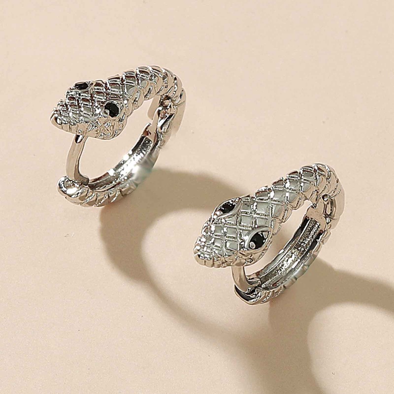 Anting Hoop Desain Ular Kecil Warna Silver Bahan Zirkon Hitam Gaya Punk Untuk Wanita