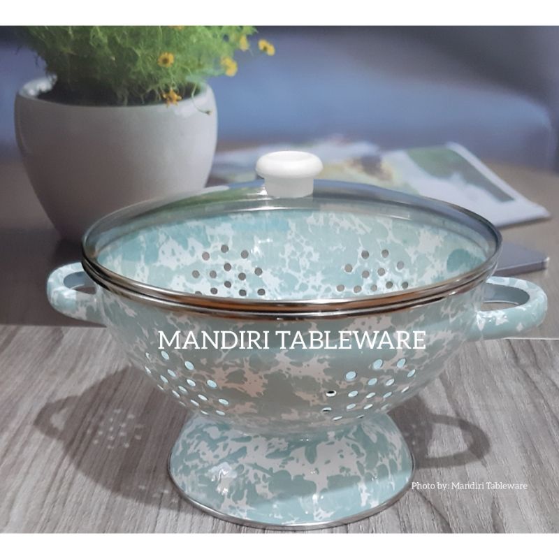 Tempat Nasi Enamel 22 cm + Tutup Kaca | Wakul Nasi | Motif Sea Glass