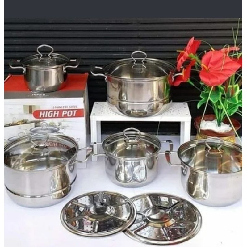 panci set steamer stainlis tutup kaca