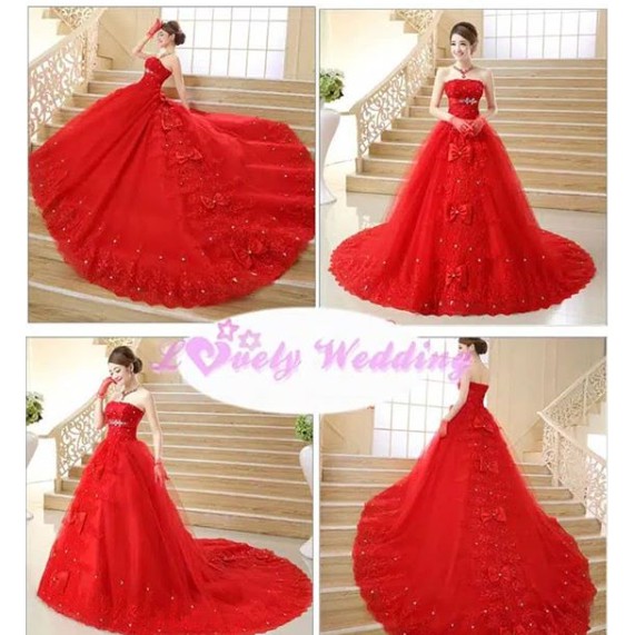 Gaun Wedding Ekor warna merah dan putih