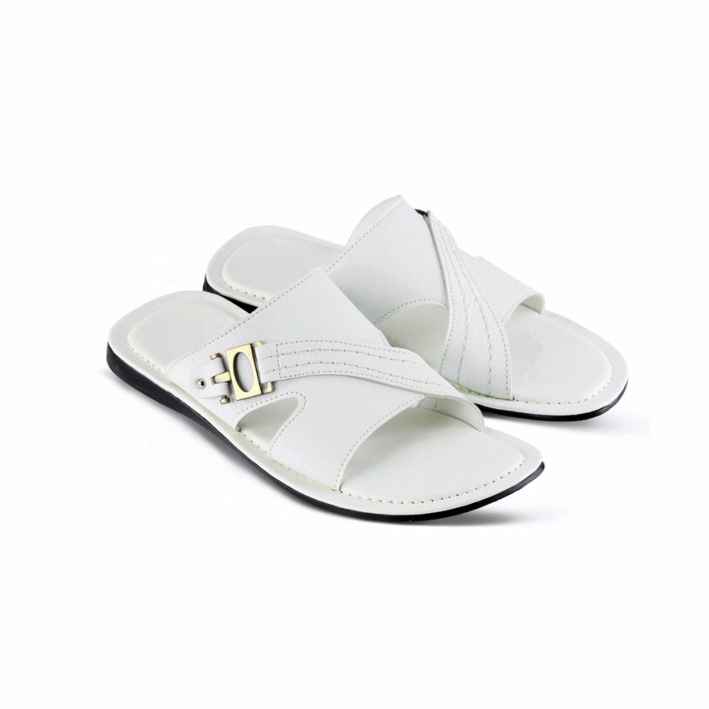 Zagib x Malzio | Sandal Pria Slide Kulit Putih White / Sendal Selop Cowo Remaja Casual Santai