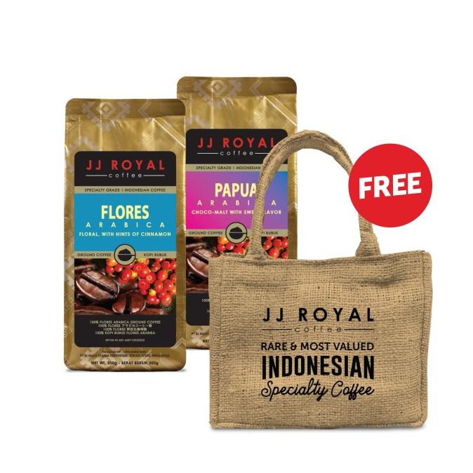 

Bundling JJ Royal Coffee Flores &Papua Arabica Bag 200gr FREE Tas Goni