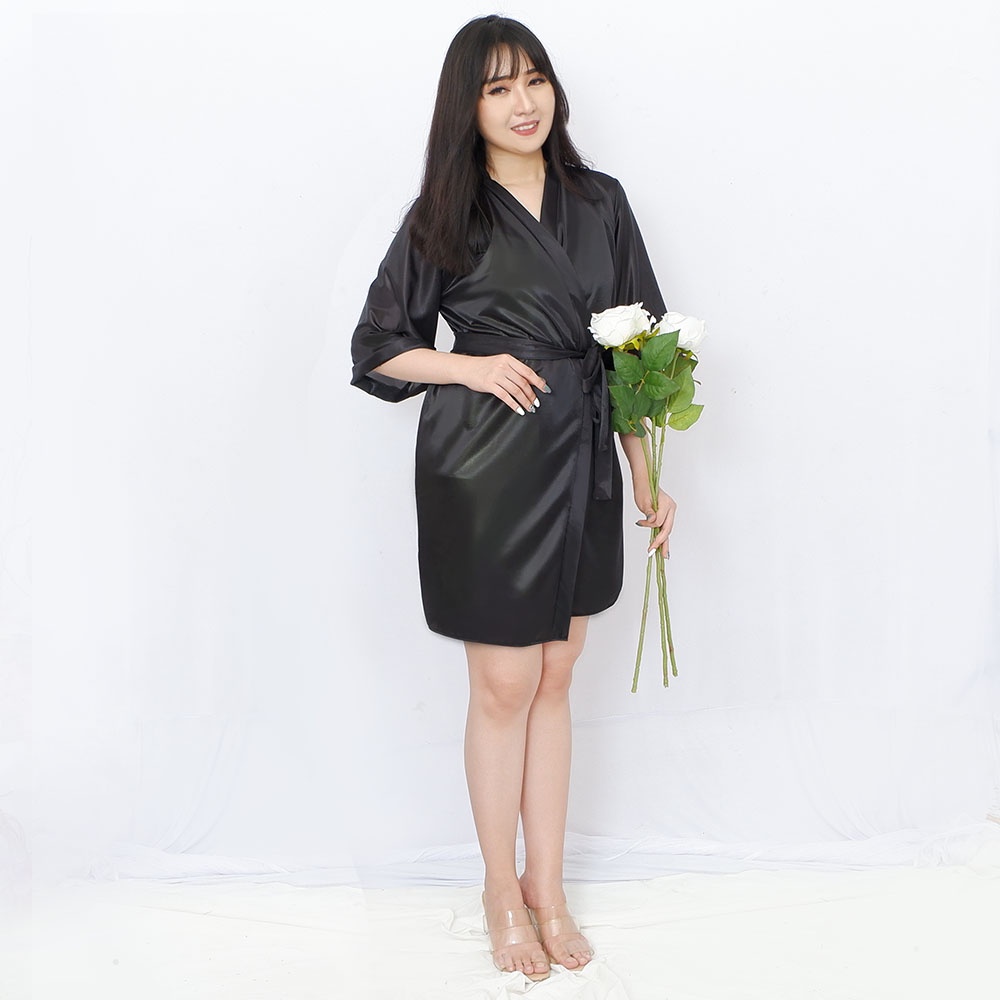 FOLVA kimono baju tidur satin 1285BKIM hitam all size-3