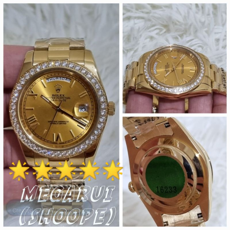 JAM TANGAN ROLEX DAYDATE RING DIAMOND GOLD ROMAWI SUPER PREMIUM AAA