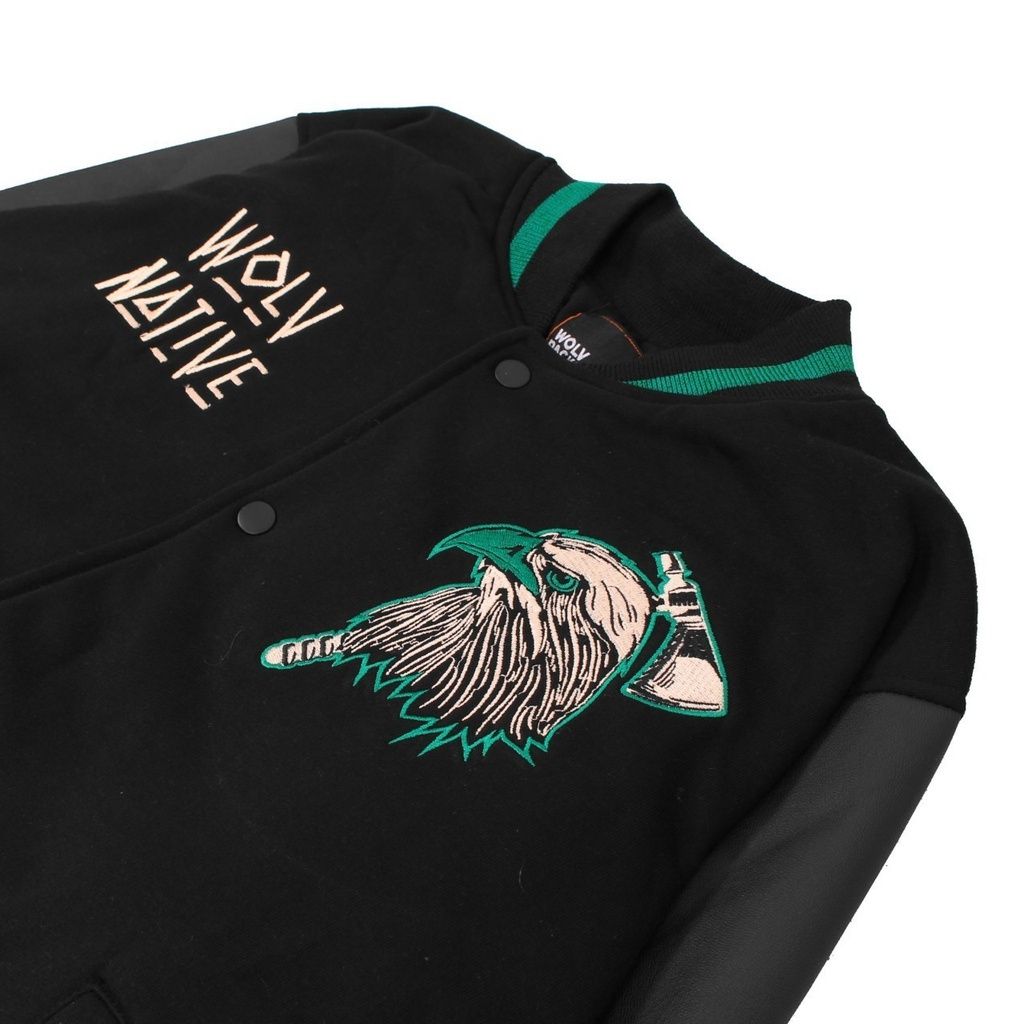 Wolv Varsity Jaket Leathee Native / Jaket Baseball Bahan Kulit Oscar