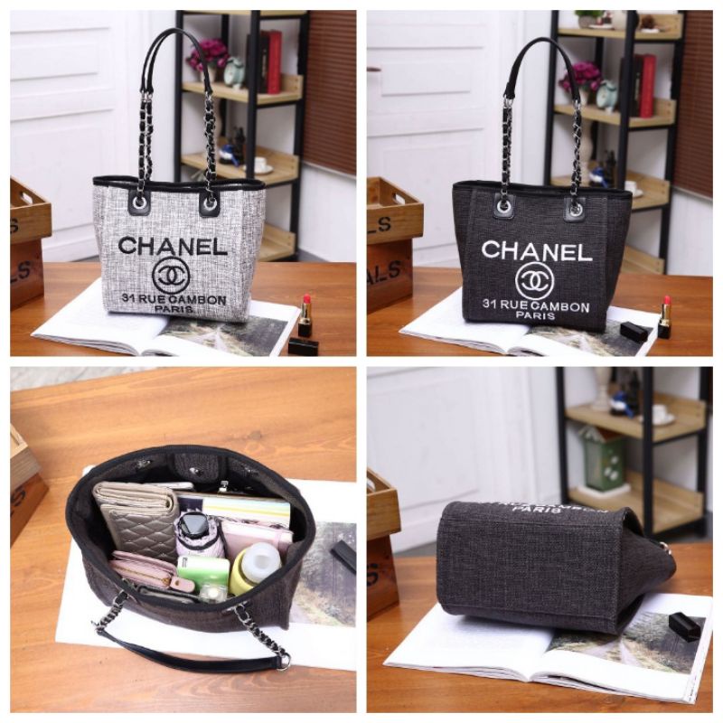 9830 Chanel Deauville Chain Tote Canvas Small Bag