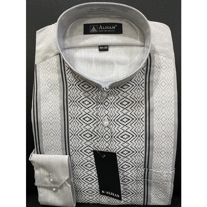 Kemeja Alisan Koko Corak Abu-Abu Muda Baru Lengan Panjang 15-33