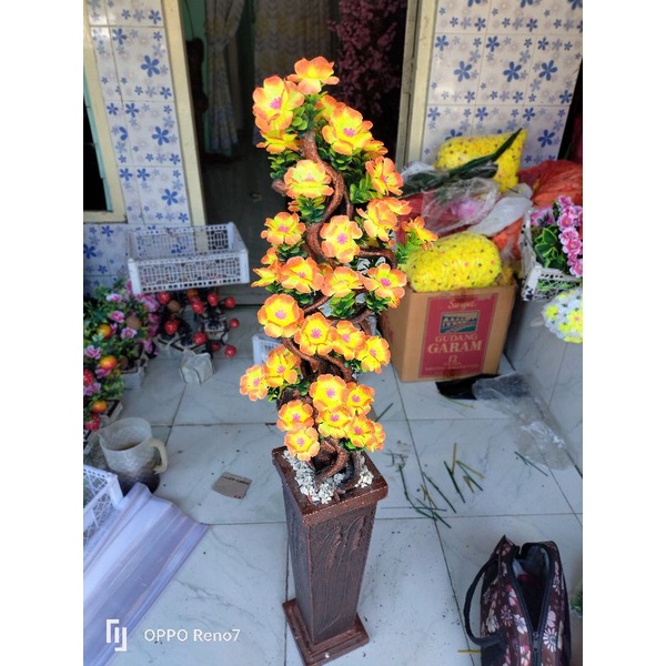 POHON BUNGA HIAS SUDUT RUANGAN VAS + BATU DEKORASI ARTIFICIAL SEMANGGI TUNGGAL AKAR SAKURA RIMBUN