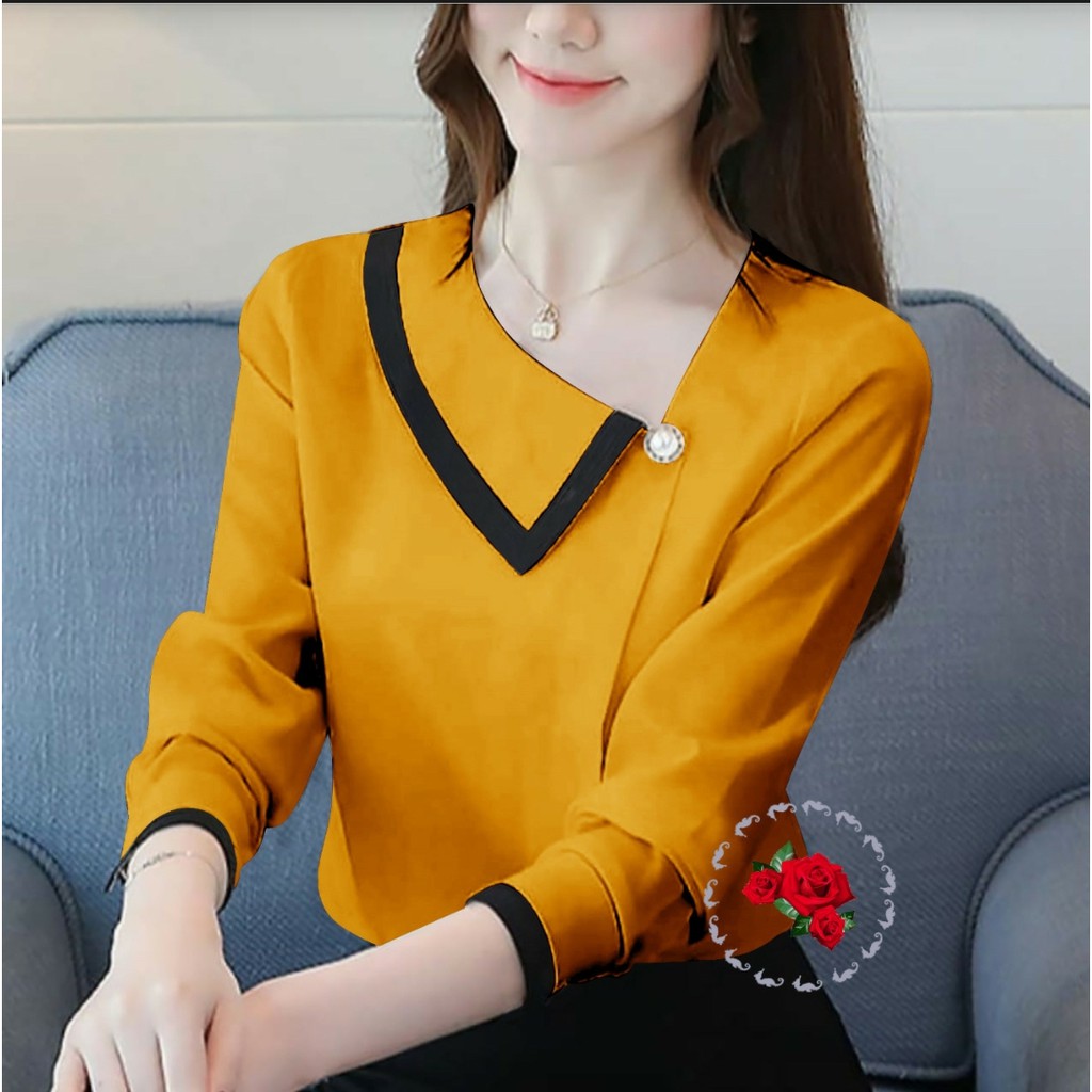 *[IJFK] Atasan Korea lengan Panjang Lis Kancing / Atasan Blouse Wanita / Blouse Murah / Blouse Mewah