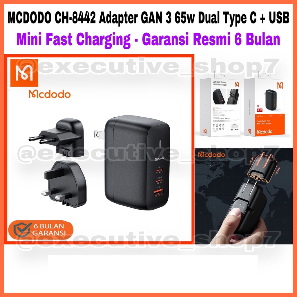 MCDODO CH-8442 Adapter GAN 3 65w Dual Type C + USB Mini Fast Charging • Garansi Resmi 6 Bulan