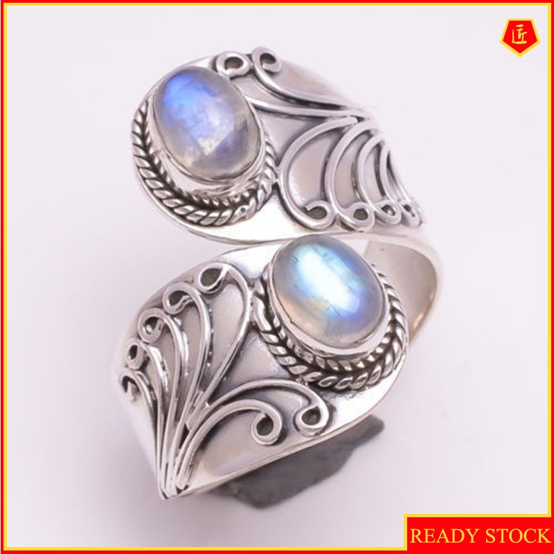 [Ready Stock]Colorful Moonstone Ring Female Exaggerated Carved Punk Style