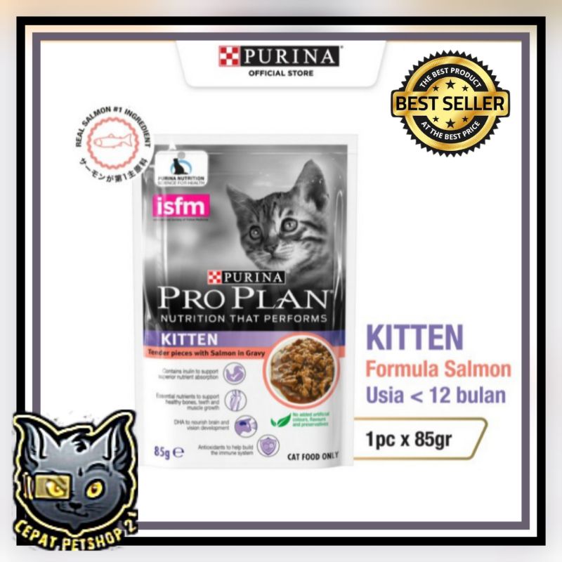 proplan pouch kitten salmon in gravy 85gr [ 12pcs ] makanan basah sachet proplan kitten