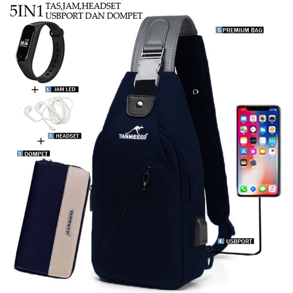 TANMESSO 5IN1 BAYAR DITEMPAT-BONUS JAM LED,DOMPET &amp; USBPORT&amp;HEADSET-tas selempang waterproof