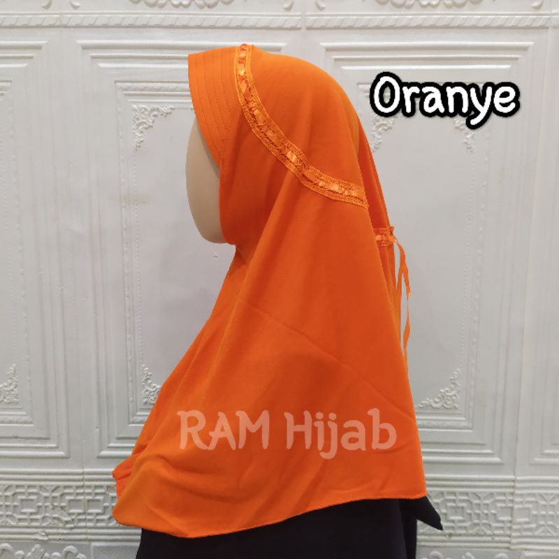 ram hijab kerudung jilbab instan bergo anak sekolah TK SD SMP serut pita atas warna oranye oren oran