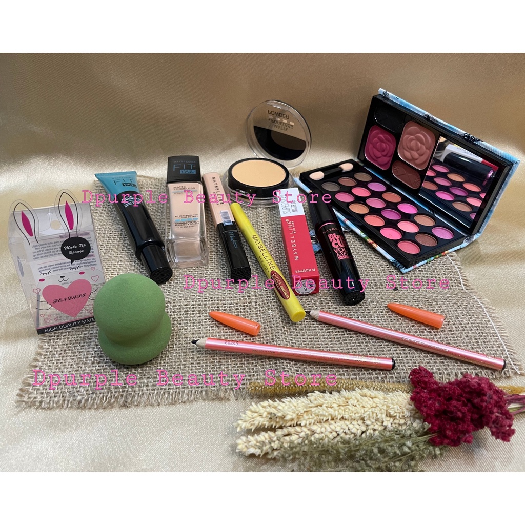 COD - Maybelline Fashion Week Set 9 in 1 - Paket Makeup Maybelline 9 in 1 - Bedak Padat - Fondation - Concealer - Primer - Maskara - Eyeliner - Lipcream - Pensil Alis 2 pcs Hitam &amp; Coklat - Gratis Beauty Blender / Spon Telur
