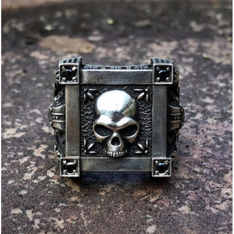 Gothic Skull Flower Black Zircon Crystal Stainless Steel Signet Ring Fashion Mens and Woman Punk